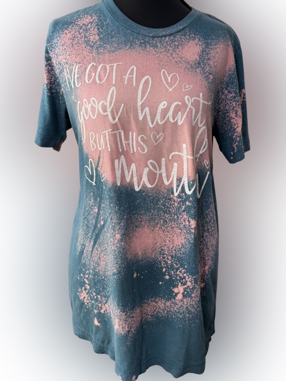 “I've Got a Good Heart but This Mouth” Short Sleeve Graphic T - Teal & Pink Sz M